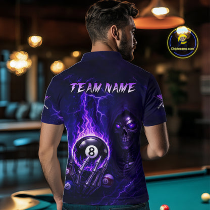 Fire Flame Purple 8 Ball Pool Billiard Team Shirt For Men Custom Grim Reaper Billiard Jerseys NYN2438