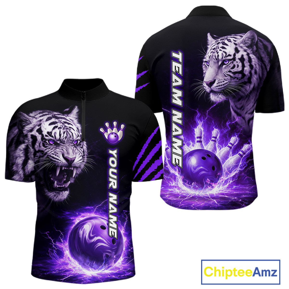 Purple Flames Tiger Custom Men Bowling Polo & Quarter-Zip Shirts Flame Bowling Team Jerseys NYN3012