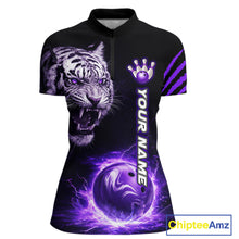 Load image into Gallery viewer, Purple Flames Tiger Custom Women Bowling Polo &amp; Quarter-Zip Shirts Flame Bowling Team Jerseys NYN3012