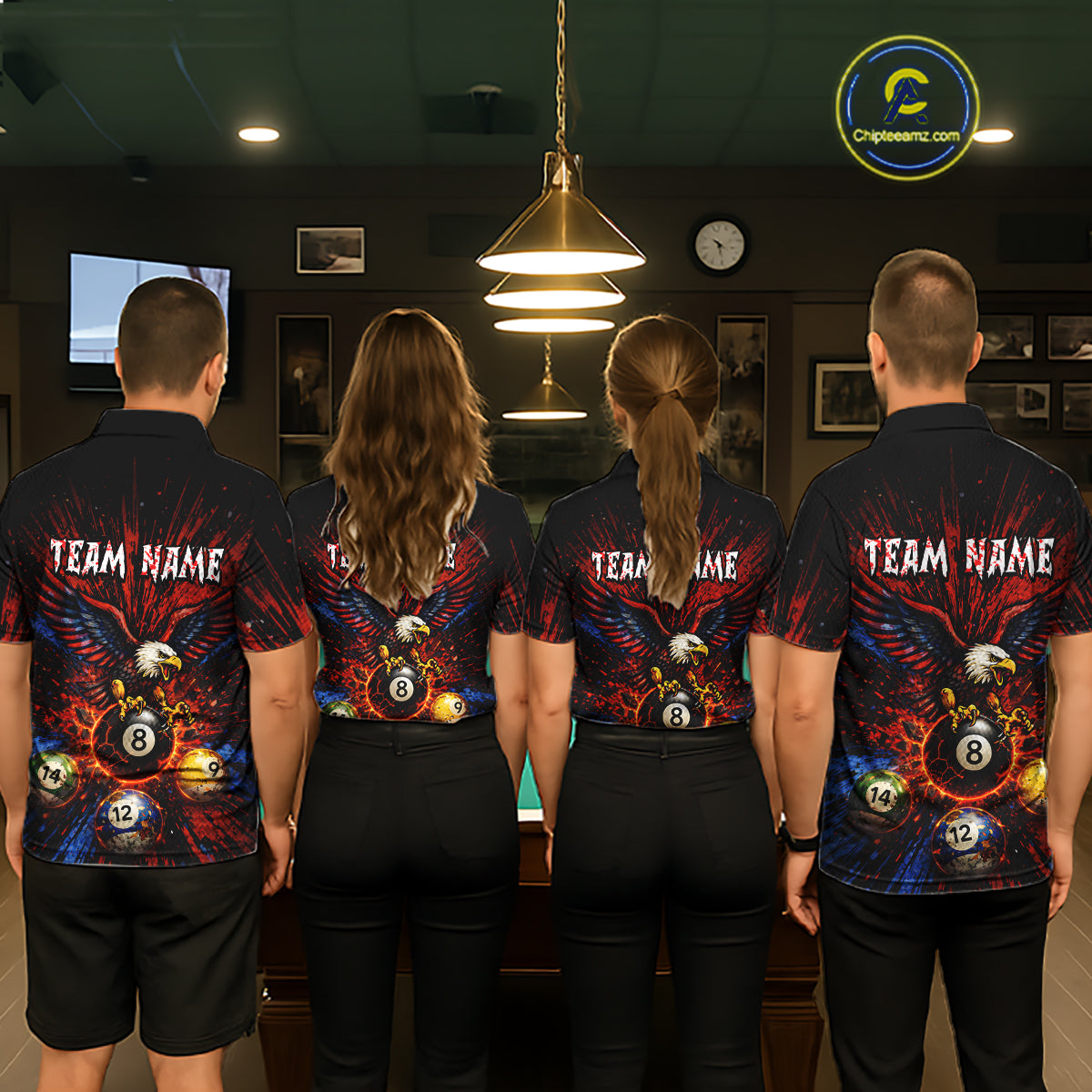 Custom Grunge Paint Blue & Red Eagle Pool 8 Ball Men's Billiard Team Shirt Billiard Attire NYN2670