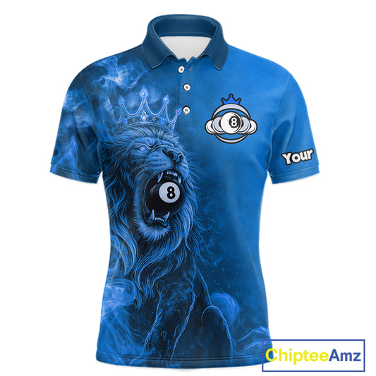 Personalized Blue Grunge Smoke Crown Lion 8 Ball Pool Billiard Shirts For Men Billiard Attire Gifts NYN2827