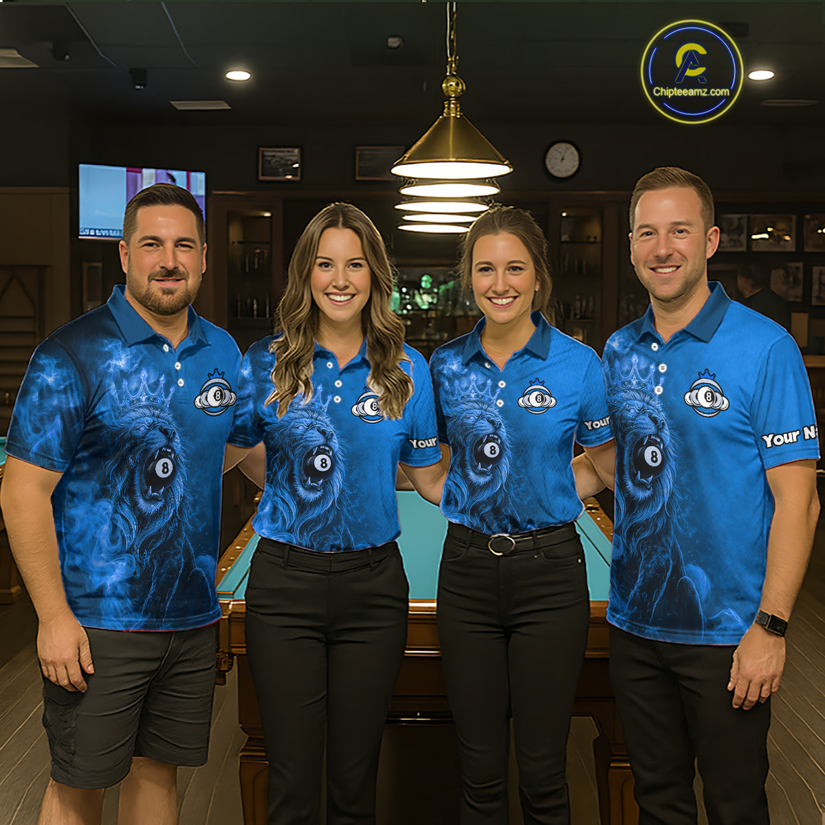 Personalized Blue Grunge Smoke Crown Lion 8 Ball Pool Billiard Shirts For Women Billiard Attire Gifts NYN2827