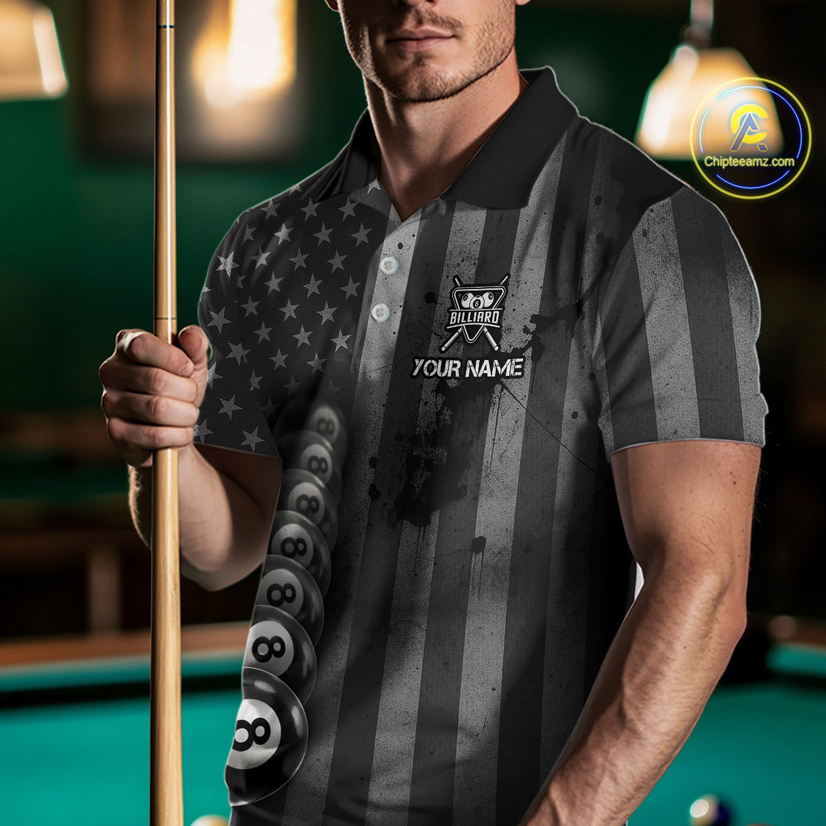 Grunge US Flag Blur 8 Ball Pool Billiard Team Shirt For Men Custom Patriotic Billiards Ball Attire NYN2470