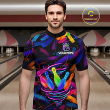 Load image into Gallery viewer, Male bowler wearing Neon Tornado Bowling Pins bowling jersey during tournament and league play
