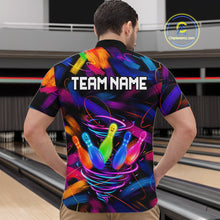 Load image into Gallery viewer, Male bowler wearing Neon Tornado Bowling Pins bowling jersey during tournament and league play