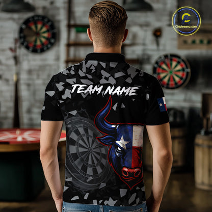 Texas Flag Bull & Dartboard Custom Grunge Men Darts Polo Shirt Patriotic Darts Team Jersey NYN2716