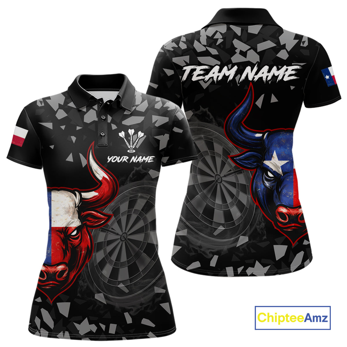 Texas Flag Bull & Dartboard Custom Grunge Women Darts Polo Shirt Patriotic Darts Team Jersey NYN2716