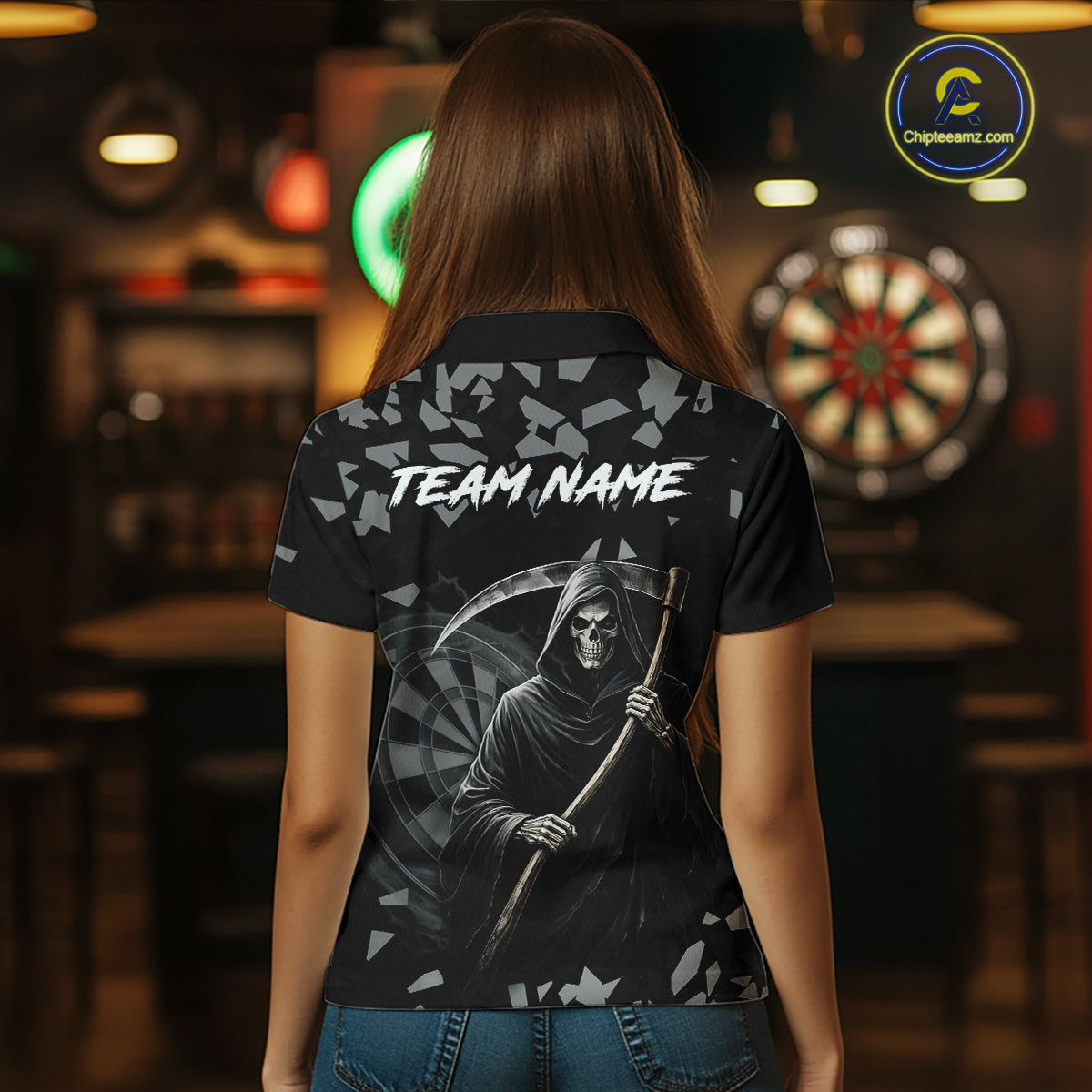 Grey Grim Reaper Smoke Dartboard Custom Grunge Women Darts Polo Shirt Darts Team Jersey NYN2718