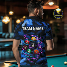 Load image into Gallery viewer, Male billiards player wearing Neon Blue Light billiard ball jersey during pool league competition and cue sports event