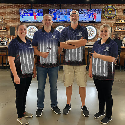 Gray, Blue And Red Grunge US Flag Darts Polo & 1/4-Zip Shirt Custom Patriotic Dart Jersey For Men NYN3081