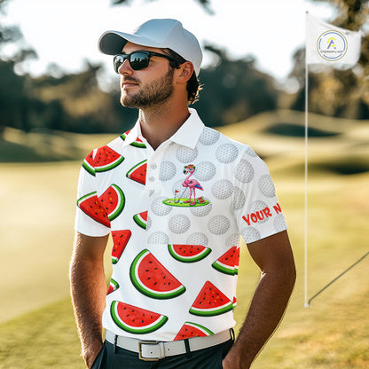 Tired Flamingo Watermelon Pattern Mens Golf Polo Shirts Custom Funny Golfing Flamingo Golf Shirts NYN2882