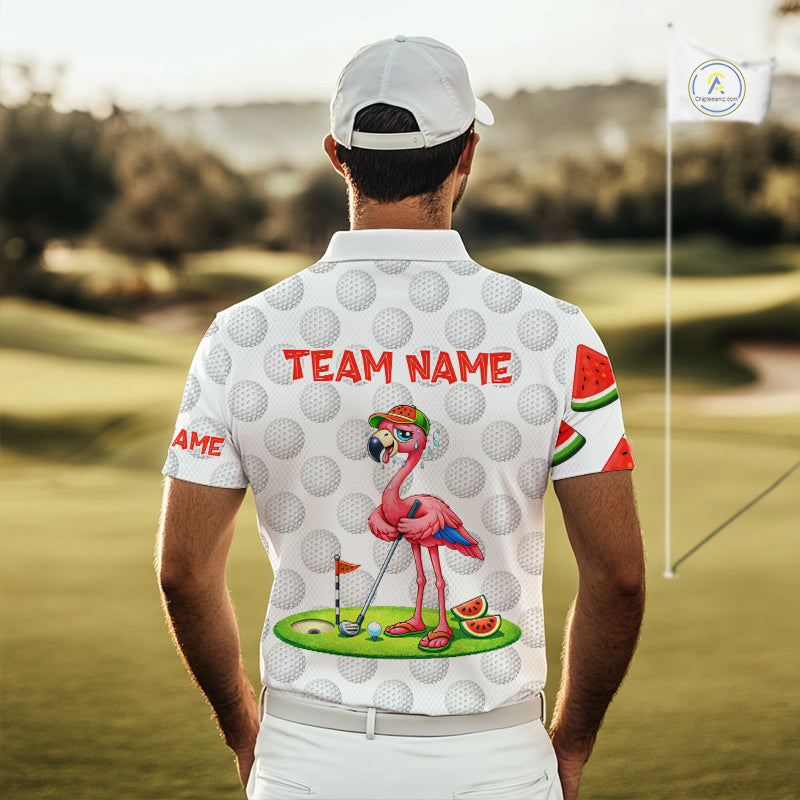 Tired Flamingo Watermelon Pattern Mens Golf Polo Shirts Custom Funny Golfing Flamingo Golf Shirts NYN2882