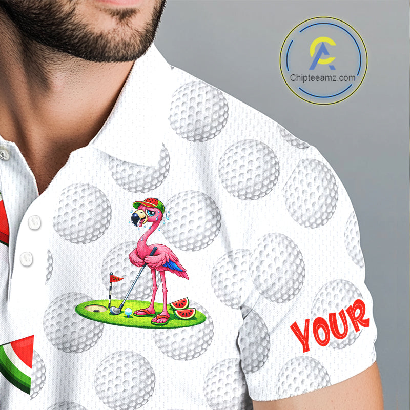 Tired Flamingo Watermelon Pattern Mens Golf Polo Shirts Custom Funny Golfing Flamingo Golf Shirts NYN2882