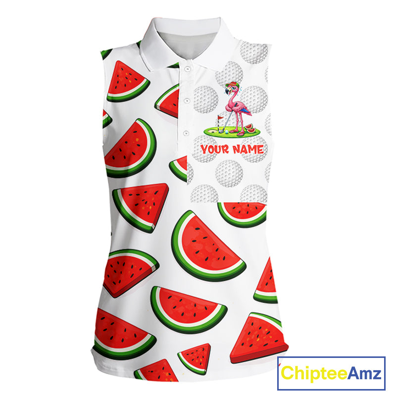 Tired Flamingo Watermelon Womens Sleeveless Golf Polo Shirts Custom Funny Golfing Flamingo Golf Shirts NYN2882