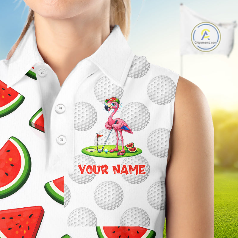 Tired Flamingo Watermelon Womens Sleeveless Golf Polo Shirts Custom Funny Golfing Flamingo Golf Shirts NYN2882