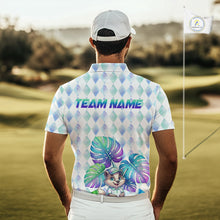 Load image into Gallery viewer, Funny Mens Golf Polo Shirt Holographic Argyle Monstera Golf Ball Personalized Raccoon Golf Shirts NYN3094