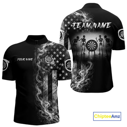 White Smokes American Flag Skeleton men's quarter zip darts shirt, patriotic USA dart team jersey, tournament apparel