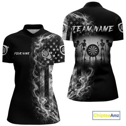 White Smokes American Flag Skeleton women's quarter zip darts shirt, patriotic USA dart team jersey, tournament apparel