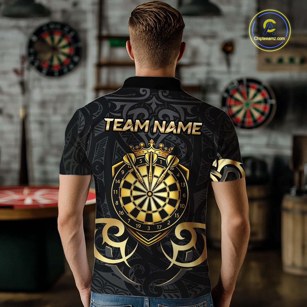 Custom Black And Gold Crown Dartboard Darts Men Polo 14-Zip Shirt, Polynesian Tribal Darts Attire NYN3119