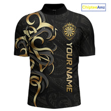 Load image into Gallery viewer, Custom Black And Gold Crown Dartboard Darts Men Polo 14-Zip Shirt, Polynesian Tribal Darts Attire NYN3119