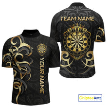 Load image into Gallery viewer, Custom Black And Gold Crown Dartboard Darts Men Polo 14-Zip Shirt, Polynesian Tribal Darts Attire NYN3119