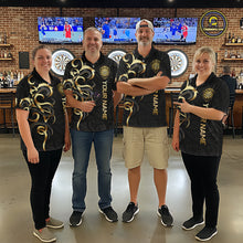Load image into Gallery viewer, Custom Black And Gold Crown Dartboard Darts Men Polo 14-Zip Shirt, Polynesian Tribal Darts Attire NYN3119