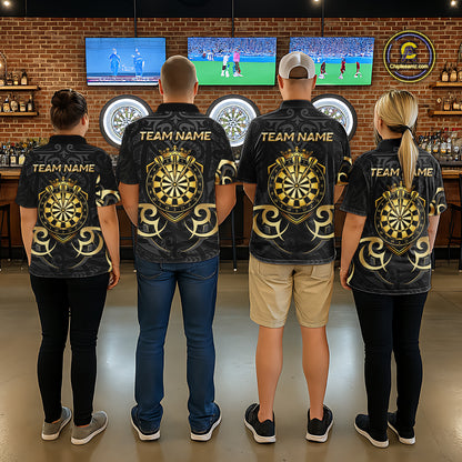 Custom Black And Gold Crown Dartboard Darts Women Polo 14-Zip Shirt, Polynesian Tribal Darts Attire NYN3119