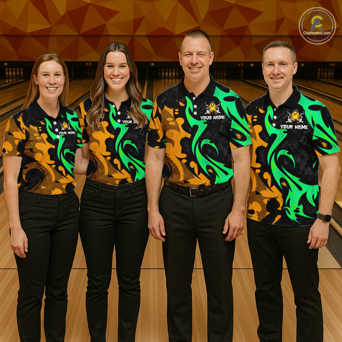 Funny Cute Duck Gun Women Bowling Shirt Custom Yellow & Green Grunge Bowling Team Attire NYN3280