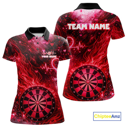 Heart Beat Red Grunge Flame Dartboard Women Darts Valentine Shirt Custom Dart Polo Couple Gifts NYN2535