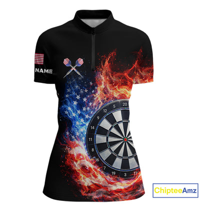 American Flag Fire Flame Smoke Dartboard Women Darts 1/4-Zip Shirt Custom Dart Team Jersey Gifts NYN2537