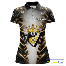 Load image into Gallery viewer, Grey, Black And Gold 8 Ball Crown Billiard Polo &amp; 1/4 Zip Shirt For Women Custom Pool Team Jersey NYN2921