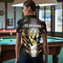 Load image into Gallery viewer, Grey, Black And Gold 8 Ball Crown Billiard Polo &amp; 1/4 Zip Shirt For Women Custom Pool Team Jersey NYN2921