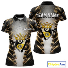 Load image into Gallery viewer, Grey, Black And Gold 8 Ball Crown Billiard Polo &amp; 1/4 Zip Shirt For Women Custom Pool Team Jersey NYN2921
