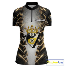 Load image into Gallery viewer, Grey, Black And Gold 8 Ball Crown Billiard Polo &amp; 1/4 Zip Shirt For Women Custom Pool Team Jersey NYN2921