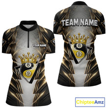 Load image into Gallery viewer, Grey, Black And Gold 8 Ball Crown Billiard Polo &amp; 1/4 Zip Shirt For Women Custom Pool Team Jersey NYN2921