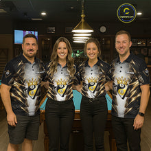 Load image into Gallery viewer, Grey, Black And Gold 8 Ball Crown Billiard Polo &amp; 1/4 Zip Shirt For Women Custom Pool Team Jersey NYN2921