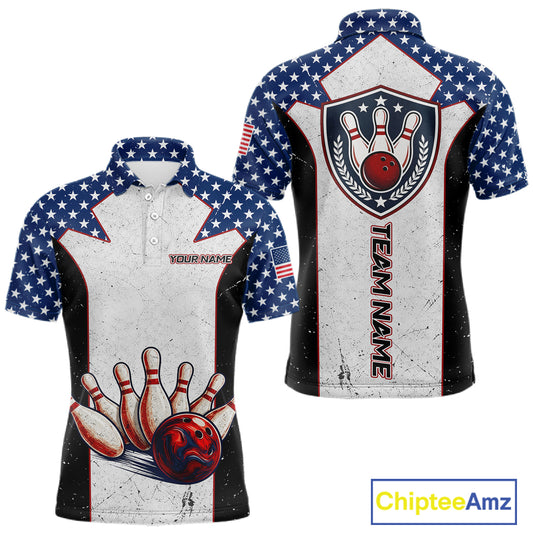 Grunge Patriotic Bowling Jerseys For Men Custom US Flag Bowling Polo 1/4-Zip Shirt, Gift For Bowlers NYN3126