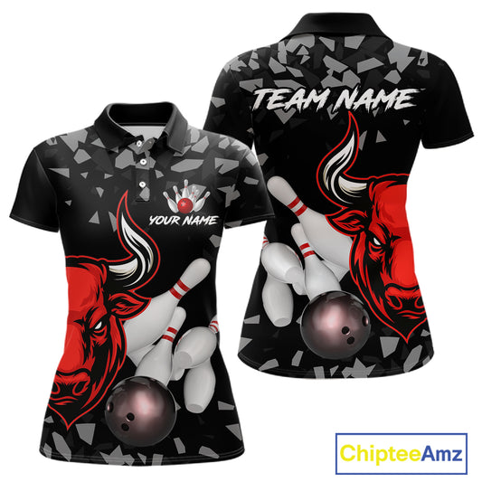 Funny Bull Grunge Red Bowling Polo & 1/4 Zip Shirts For Women Custom Outftis Team Bowling Jerseys NYN3129