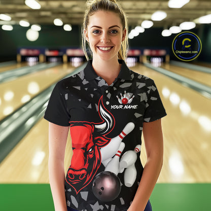 Funny Bull Grunge Red Bowling Polo & 1/4 Zip Shirts For Women Custom Outftis Team Bowling Jerseys NYN3129