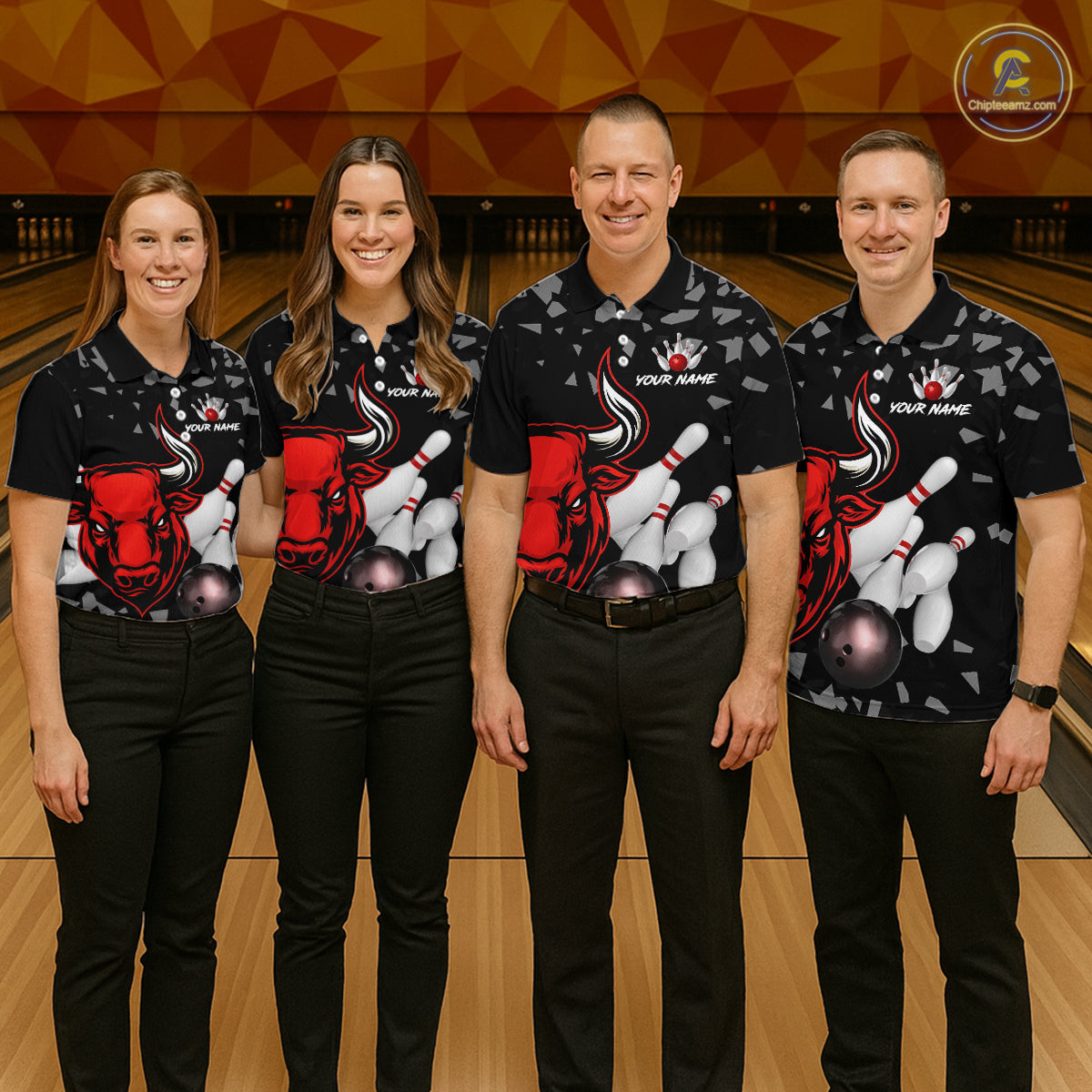 Funny Bull Grunge Red Bowling Polo & 1/4 Zip Shirts For Men Custom Outftis Team Bowling Jerseys NYN3129