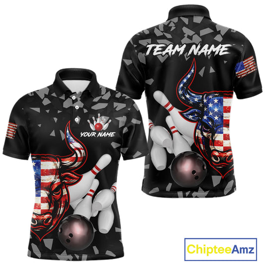 Funny US Flag Bull Grunge Bowling Polo & 1/4 Zip Shirts For Men Custom Team Bowling Jerseys NYN3130