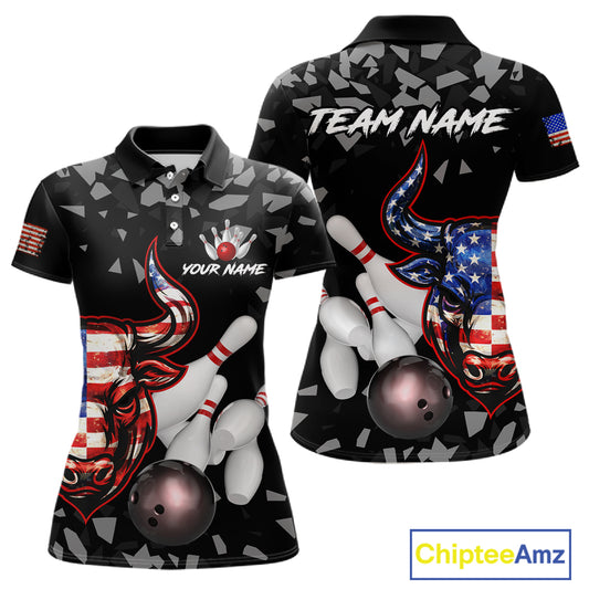 Funny US Flag Bull Grunge Bowling Polo & 1/4 Zip Shirts For Women Custom Team Bowling Jerseys NYN3130