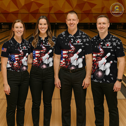 Funny US Flag Bull Grunge Bowling Polo & 1/4 Zip Shirts For Women Custom Team Bowling Jerseys NYN3130