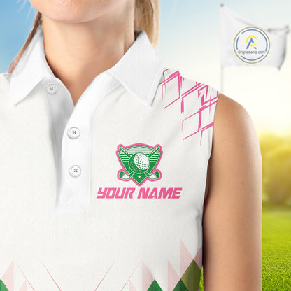 Women Golf Clothing Green And Pink Argyle Pattern Sleeveless Golf Polo Shirt Custom Golf Upf Shirts NYN2930