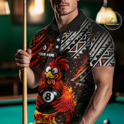 Funny Rooster Plays Pool 8 Ball 3D Billiard Shirt For Men Custom Grunge Flame Billiard Team Attire NYN2566