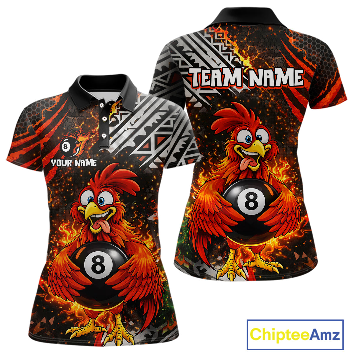 Funny Rooster Plays Pool 8 Ball 3D Billiard Shirt For Women Custom Grunge Flame Billiard Team Attire NYN2566