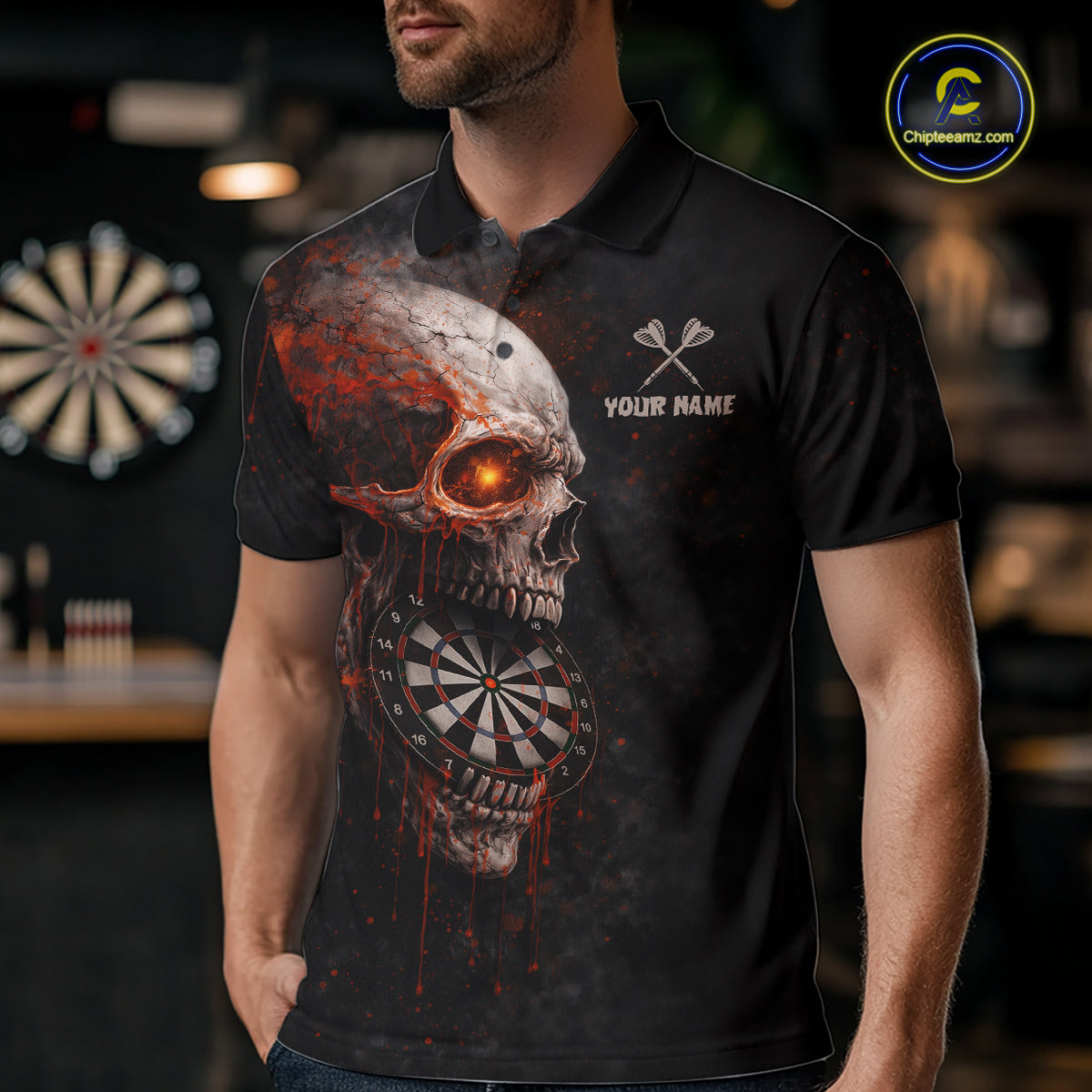 Horror Orange Splatter Grunge Skull Dartboard Dart Polo Shirts For Men Custom Dart Team Jerseys NYN2727