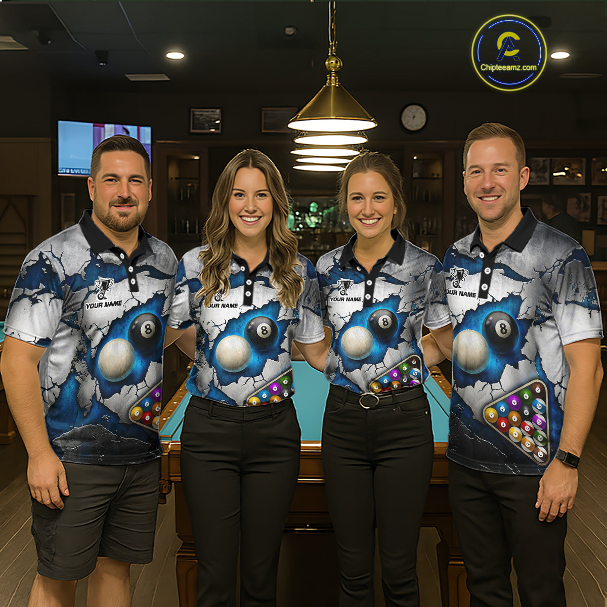 Blue And Grey Cracked 8 Ball Billiard Polo & 1/4 Zip Shirt For Men Custom Billiard Pool Team Shirt NYN2942