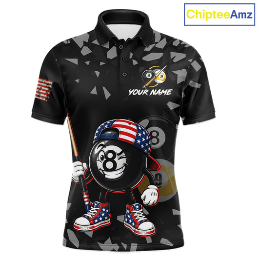 US Flag Funny 8 Ball Pool Polo Shirt For Men, Patriotic Billiard Team Jersey, Custom Pool League Apparel, Personalized Uniform