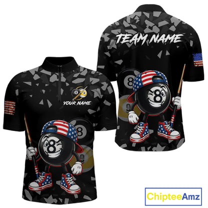 US Flag Funny 8 Ball Pool Quarter-Zip Shirt For Men, Patriotic Pool Team Uniform, Personalized Billiards Apparel